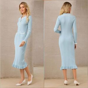 🩵⏭️NWT Powder Blue Ribbed Knit Bodycon Long Sleeve Dress Small